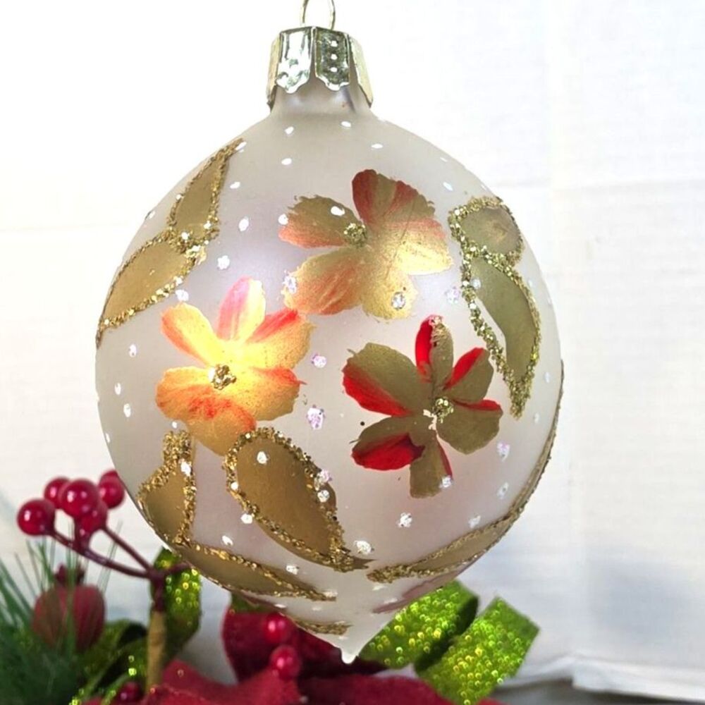 Vtg Teardrop Kurt Adler Hand Painted Glass Christmas Ornament Gold & Red Flowers